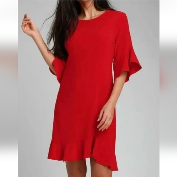 LULU'S Charm In Arm Bright Red Flutter Sleeve & Hem Sheath Dress Button Close XS - Picture 1 of 12